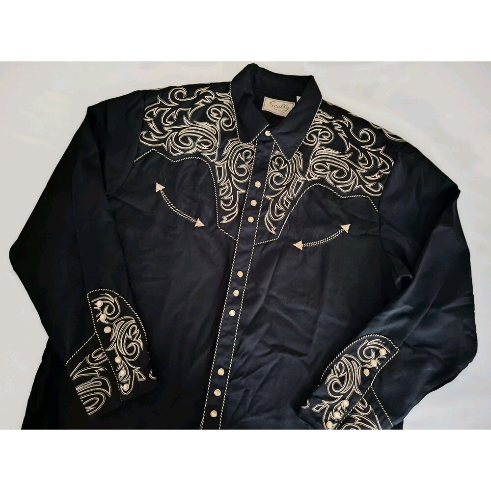 Vtg Scully Embroidered Western Pearl Snap Shirt Black Floral Retro Gabardine XL